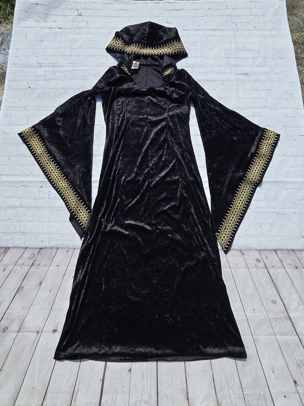 Kids Black Velvet Hooded Costume Dress with Gold Trim